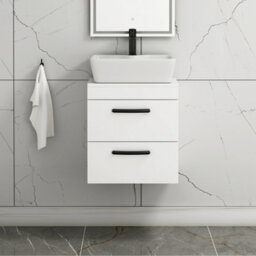 Royal Bathrooms 500mm Wall Hung Vanity Unit 2 Drawer Gloss White & Cube Countertop Basin With Matt Black Handle - thumbnail 1