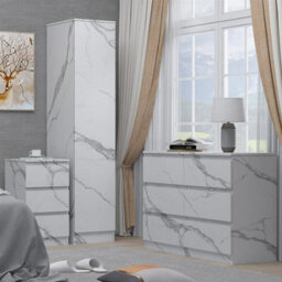 Zita White Marble Effect 3 Piece Bedroom Set - 1-Door Wardrobe, Wide Chest & Bedside Table, Stylish Modern Bedroom Furniture - thumbnail 2