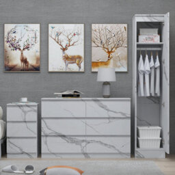 Zita White Marble Effect 3 Piece Bedroom Set - 1-Door Wardrobe, Wide Chest & Bedside Table, Stylish Modern Bedroom Furniture