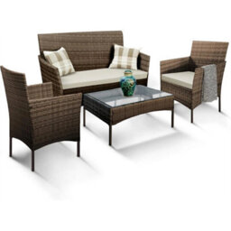 4 Seater Rattan Garden Furniture Set Sofa Table Chairs Wicker Outdoor Patio Set Brown + Beige Cushions