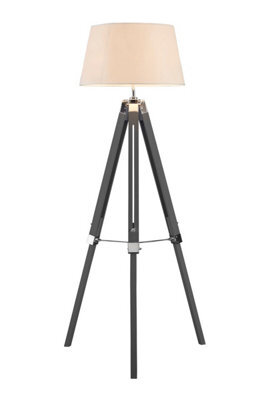 Orsina Grey Tripod Floor Lamp, Cream Linen Shade Ambient Lighting, Modern Industrial Standing Lamp With Wood Base - image 1