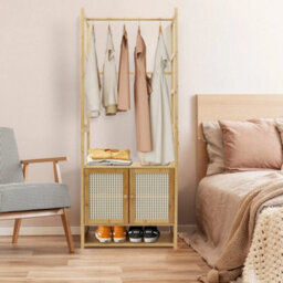 Tall Bamboo Coat Stand Open Closet Organizer With Storage Cabinet - thumbnail 5