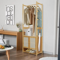 Tall Bamboo Coat Stand Open Closet Organizer With Storage Cabinet - thumbnail 4