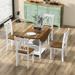 Gainoom 5 Pcs Dinning Table Set Kitchen Furniture Round Drop Leaf Dining Table 4 Chairs - thumbnail 4