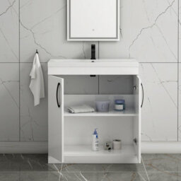 Royal Bathrooms Turin Gloss White 800mm Floor Standing Vanity Unit 2 Door With Mid-Edge Basin Sink & Matt Black Handles - thumbnail 5