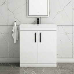 Royal Bathrooms Turin Gloss White 800mm Floor Standing Vanity Unit 2 Door With Mid-Edge Basin Sink & Matt Black Handles - thumbnail 1