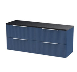 Hudson Reed Fluted Wall Hung 4-Drawer Vanity Unit & Black Laminate Worktop, Counter Top Vanity Unit In Satin Blue, 1200mm