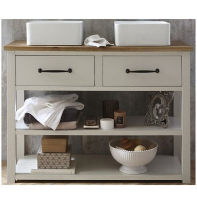 Homestylestore Antique White And Oak 1215mm Bathroom Vanity Unit With Two Square Countertop Basins And Black T Bar Handles - image 1