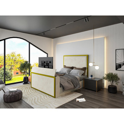 Madrid Upholstered Electric Media  Gold & Cream White Tv Bed Frame - image 1