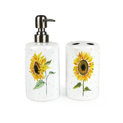 Purely Home Sunflowers Bathroom Set - Refillable Ceramic Soap Dispenser & Toothbrush Holder - image 1