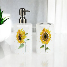 Purely Home Sunflowers Bathroom Set - Refillable Ceramic Soap Dispenser & Toothbrush Holder - thumbnail 2