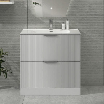 Royal Bathrooms Evora 800mm Matt White Fluted Floor Standing Bathroom Vanity Unit 2 Drawer Cabinet Storage With Ceramic Basin Sink - 1 Tap Hole - image 1
