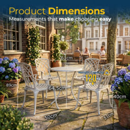 Homeology Oshowa Luxurious Garden And Patio Table And 4 Large Chairs With Armrests Cast Aluminium Bistro Set - White - thumbnail 9