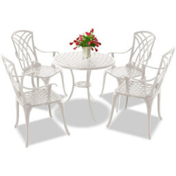 Homeology Oshowa Luxurious Garden And Patio Table And 4 Large Chairs With Armrests Cast Aluminium Bistro Set - White - thumbnail 1
