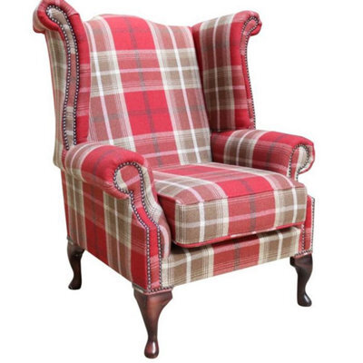 Chesterfield Saxon High Back Armchair Balmoral Red Check Fabric In Queen Anne Style - image 1