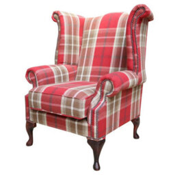 Chesterfield Saxon High Back Armchair Balmoral Red Check Fabric In Queen Anne Style - thumbnail 3