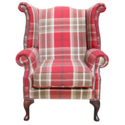 Chesterfield Saxon High Back Armchair Balmoral Red Check Fabric In Queen Anne Style - thumbnail 2