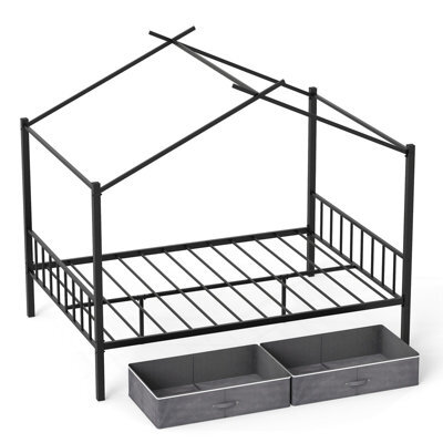 Costway Double Size House Bed Heavy-Duty Metal Platform Bed With 2 Drawers-Black - image 1