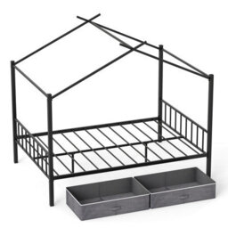 Costway Double Size House Bed Heavy-Duty Metal Platform Bed With 2 Drawers-Black - thumbnail 1
