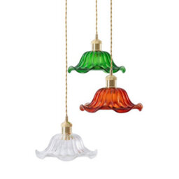 Valuelights Cassia Gold Hanging Triple Ceiling Pendant Light Fitting With Multi Coloured Frill Flower Glass Lampshades - thumbnail 1