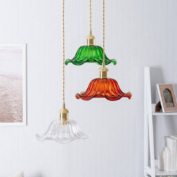 Valuelights Cassia Gold Hanging Triple Ceiling Pendant Light Fitting With Multi Coloured Frill Flower Glass Lampshades - thumbnail 3