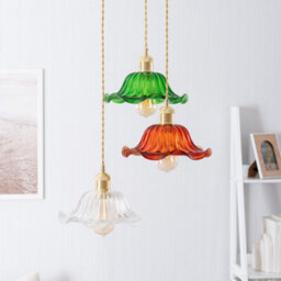 Valuelights Cassia Gold Hanging Triple Ceiling Pendant Light Fitting With Multi Coloured Frill Flower Glass Lampshades - thumbnail 5