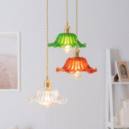 Valuelights Cassia Gold Hanging Triple Ceiling Pendant Light Fitting With Multi Coloured Frill Flower Glass Lampshades - thumbnail 4