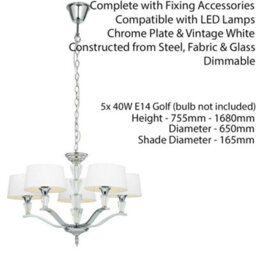 5 Light Ceiling Pendant Chrome & Vintage White Round Shade Hanging Feature Lamp - thumbnail 2
