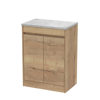 Balterley Chartley Contemporary Floor Standing 2 Door Vanity Unit With Bellato Grey Laminate Worktop, 600mm, Autumn Oak - image 1