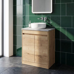 Balterley Chartley Contemporary Floor Standing 2 Door Vanity Unit With Bellato Grey Laminate Worktop, 600mm, Autumn Oak - thumbnail 2
