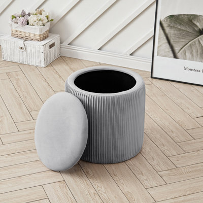 Living And Home Grey Modern Cylinder Pleated Flip Cover Padded Storage Ottoman Footstool Dia 380 X H 380 mm - image 1