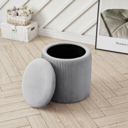 Living And Home Grey Modern Cylinder Pleated Flip Cover Padded Storage Ottoman Footstool Dia 380 X H 380 mm - thumbnail 1