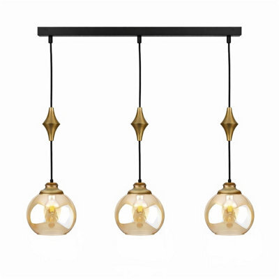 Luminosa Lighting Luminosa Astoria Bar Pendant Ceiling Light Black, Gold Amber Glass Shade 3X E27 - image 1