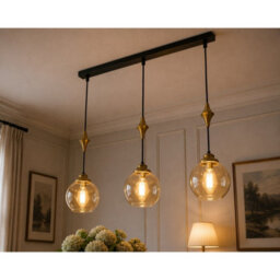 Luminosa Lighting Luminosa Astoria Bar Pendant Ceiling Light Black, Gold Amber Glass Shade 3X E27 - thumbnail 3