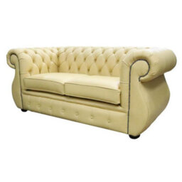 Chesterfield Handmade 2 Seater Sofa Deluca Yellow Leather In Kimberley Style - thumbnail 3