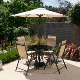 Primrose 4 Seater Dining Set Garden Furniture With Parasol Reclining Chairs Glass Table In Mocha