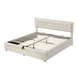 BTM Upholstered Bed King Size 5Ft 150X200 Cm Velvet Fabric Large Storage Slats Headboard Without Mattress Cream - thumbnail 9