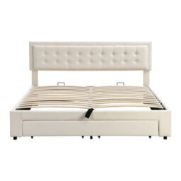 BTM Upholstered Bed King Size 5Ft 150X200 Cm Velvet Fabric Large Storage Slats Headboard Without Mattress Cream - thumbnail 8