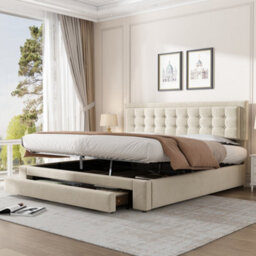 BTM Upholstered Bed King Size 5Ft 150X200 Cm Velvet Fabric Large Storage Slats Headboard Without Mattress Cream - thumbnail 3