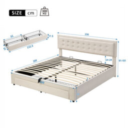 BTM Upholstered Bed King Size 5Ft 150X200 Cm Velvet Fabric Large Storage Slats Headboard Without Mattress Cream - thumbnail 5