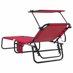 Berkfield Folding Sun Lounger With Canopy Red 600D Oxford Fabric - thumbnail 6