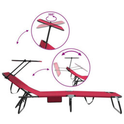Berkfield Folding Sun Lounger With Canopy Red 600D Oxford Fabric - thumbnail 8