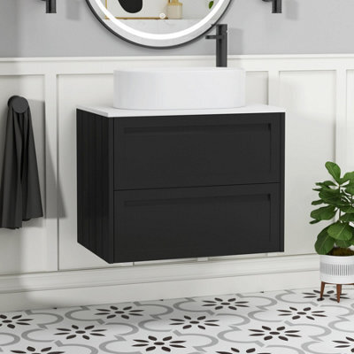 Royal Bathrooms Royal Bathroom Elmore 700mm Matt Nocturne Black Wall Mounted Bathroom Vanity Unit 2 Drawer Plain White Worktop With Peak Basin - image 1