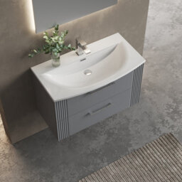 Balterley Belvide Partial Fluted 2 Drawer Wall Hung Vanity Unit With 1 Tap Hole Curved Basin- 800mm - Satin Grey - thumbnail 5