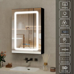 Led Bathroom Mirror Cabinet 3 Color Lighting With Shaver Socket 70X50Cm Black - thumbnail 4