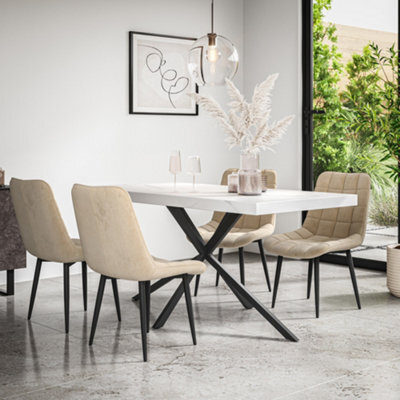 More4Homes Donni Dining Table And Chairs -  White Marble Effect Table Top W Black Legs + Nova Velvet Dining Chair Set Of 6 (Beige) - image 1