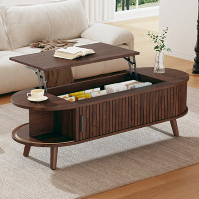Abrihome Lift Up Oval Coffee Table With Hidden Storage, Lifting Sofa Side Table, Space-Saving End Table For Living Room Bedroom, Dark Wood - image 1