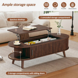 Abrihome Lift Up Oval Coffee Table With Hidden Storage, Lifting Sofa Side Table, Space-Saving End Table For Living Room Bedroom, Dark Wood - thumbnail 2