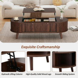 Abrihome Lift Up Oval Coffee Table With Hidden Storage, Lifting Sofa Side Table, Space-Saving End Table For Living Room Bedroom, Dark Wood - thumbnail 3