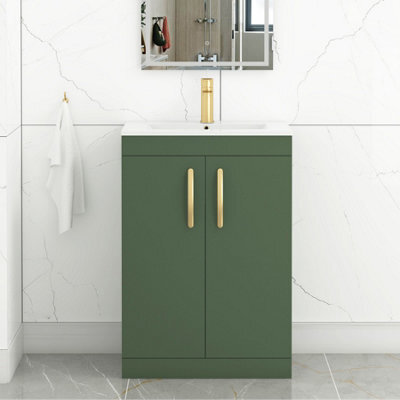 Royal Bathrooms Turin 600mm Floor Standing Vanity Sink Unit Matt Green 2 Door Minimalist Basin With Brushed Brass Handles - image 1